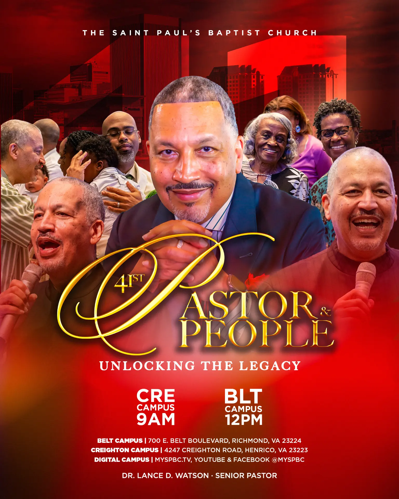 41st Pastor & People anniversary flyer: Unlocking the Legacy, CRE Campus 9AM and BLT Campus 12PM
